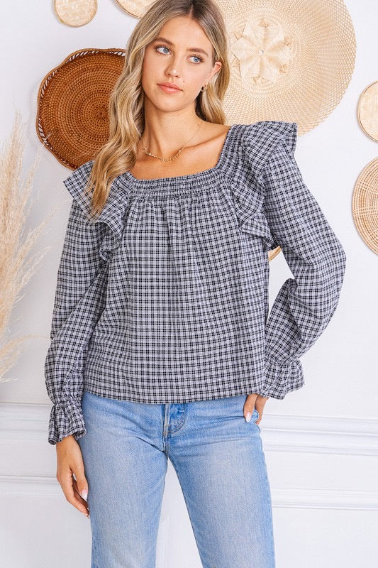 Plaid ruffle blouse